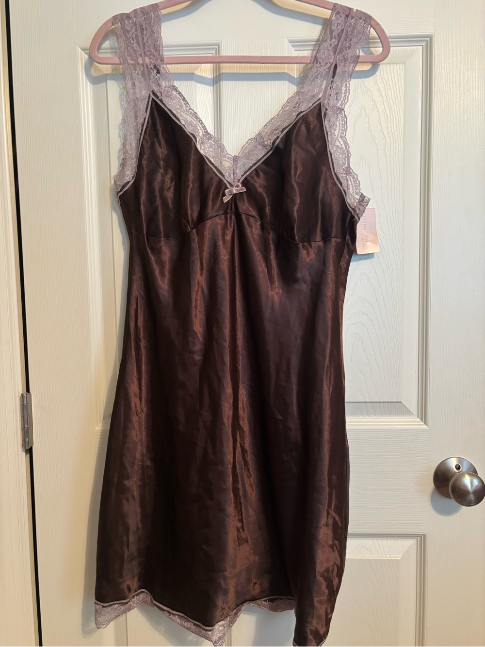 Gilligan & O'Malley Brown Satin Chemise with Lavender Lace